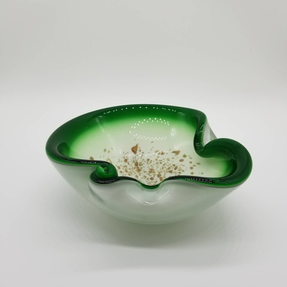 Art Glass Ash Tray Green White Gold Flecks - Picture 5 of 13